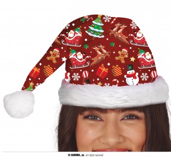 G41268 GORRO PAPA NOEL ESTAMPADO ROJO