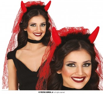 G24916 DIADEMA  DEMONIO CON VELO ROJO